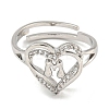 Heart with Letter Rack Plating Brass Micro Pave Clear Cubic Zirconia Adjustable Rings for Women RJEW-I105-01P-M-2