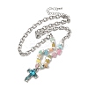 Alloy Glass Cross Pendant Necklace with Cat Eye Chips Beaded Chains LS-NJEW-Q001-02P-1