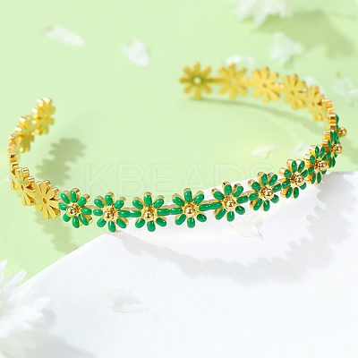 304 Stainless Steel Enamel Flower Open Cuff Bangles for Women BJEW-S152-01G-02-1