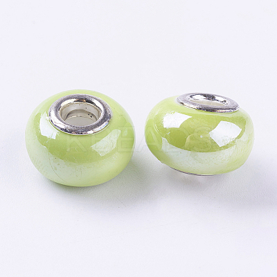 Rondelle Green Yellow Handmade Porcelain Large Hole European Beads X-OPDL-G001-13-1