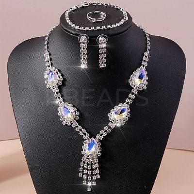 Teardrop Alloy Rhinestone Bracelets & Earrings & Necklaces & Rings Sets for Women FS-WG7FCB3-01-1