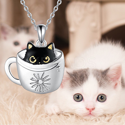 Black Cat in Cup Alloy Enamel Pendant Necklaces for Women FS-WG88A58-01-1