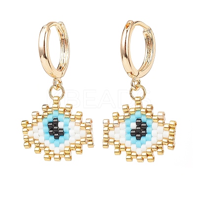 Japanese Seed Braided Rhombus with Evil Eye Dangle Hoop Earrings EJEW-MZ00002-02-1