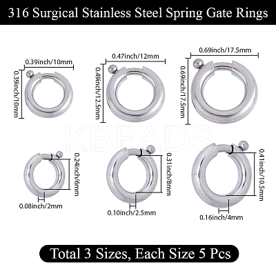 15Pcs 3 Styles 316 Surgical Stainless Steel Spring Gate Rings STAS-BBC0007-83-1