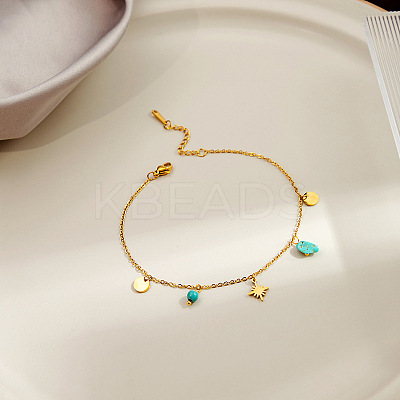 304 Stainless Steel & Synthetic Turquoise Charm Anklets FS-WGA577E-02-1