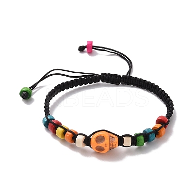 Synthetic Turquoise Skull & Wood Disc Braided Bead Bracelet for Halloween BJEW-TA00260-1