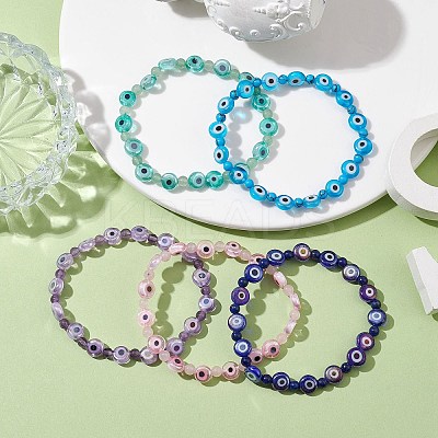 Mixed Gemstones Handmade Evil Eye Lampwork Beaded Stretch Bracelets BJEW-JB10208-1