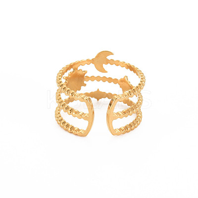 Ion Plating(IP) 304 Stainless Steel Sun and Moon Open Cuff Ring for Women RJEW-S405-152G-1