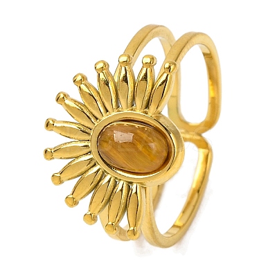 Oval Natural Tiger Eye Finger Rings RJEW-Q822-49G-02-1