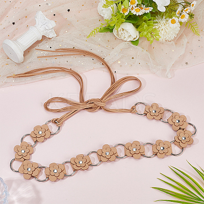 1Pc Imitation Leather Flower Brass Ring Link Chain Waist Belly Chains Belts for Women AJEW-CL0001-49A-1