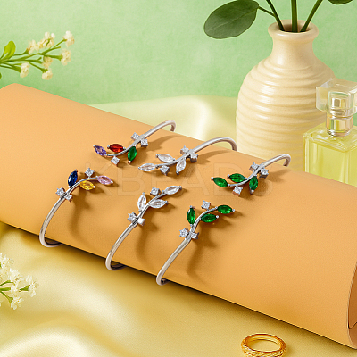 3Pcs 3 Colors Elegant Brass Cubic Zirconia Leaf Cuff Bangles for Women BJEW-GO0003-01P-1
