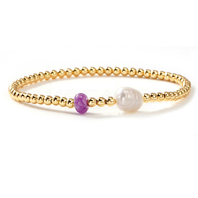 Brass & Natural Amethyst & Imitation Pearl Beads Stretch Bracelets for Women DR0558-8-1