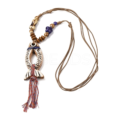 Ceramic Fish Pendant Adjustable Waxed Cord Necklaces for Women NJEW-B146-06-1