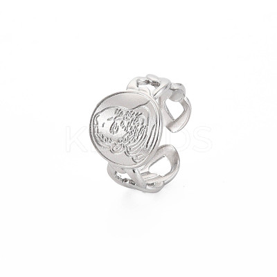 Non-Tarnish 304 Stainless Steel Oval with Human Wide Open Cuff Ring for Women RJEW-S405-164P-1