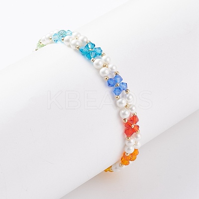Shell Pearl & Glass Braided Flower Beaded Bracelet BJEW-TA00087-1