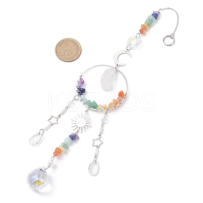 Natural Quartz Crystal Nuggets & Glass Teardrop Hanging Suncatchers HJEW-JM04486-1