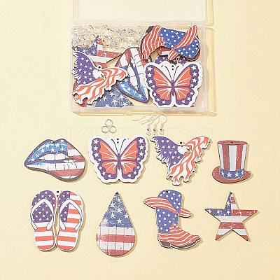 16Pcs 8 Styles Independence Day Theme Single Face Printed Aspen Wood Big Pendants WOOD-FS0001-05-1
