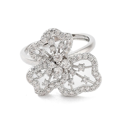 Rack Plating Brass Micro Pave Cubic Zirconia Adjustable Flower Rings RJEW-D025-19P-1