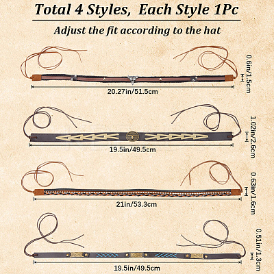 4Pcs 4 Styles Imitation Leather Southwestern Cowboy Hat Belt AJEW-CP0007-21-1