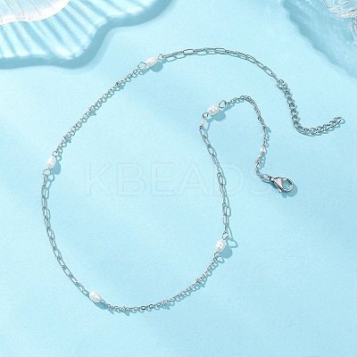 Natural Pearl Rice & 304 Stainless Steel Satellite Chain Paperclip Chain Necklaces for Women NJEW-JN05823-01-1