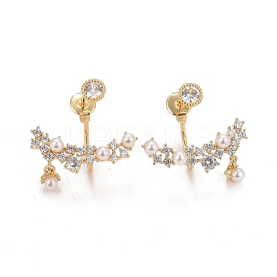 Clear Cubic Zirconia Branch Front Back Stud Earrings with Acrylic Pearl EJEW-C022-20G-1