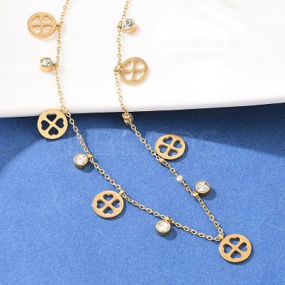 Saint Patrick's Day 304 Stainless Steel Crystal Rhinestone Flat Round and Clover Tassel Bib Necklaces for Women NJEW-A064-01G-1