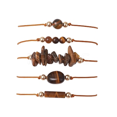 5Pcs 5 Styles Natural Tiger Eye Braided Bead Bracelets BJEW-JB11681-02-1