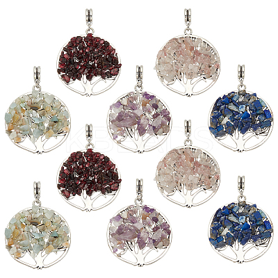 10Pcs 5 Styles Natural Amethyst & Lapis Lazuli & Rose Quartz & Garnet & Flower Amazonite Chip Tree of Life Big Pendants PALLOY-HY00014-1