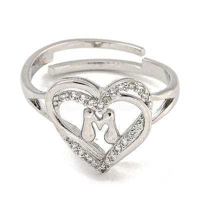 Heart with Letter Rack Plating Brass Micro Pave Clear Cubic Zirconia Adjustable Rings for Women RJEW-I105-01P-M-1