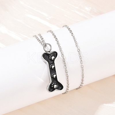 304 Stainless Steel Black Enamel Paw Print Bone Pendant Pet Urn Ashes Necklaces LS-NJEW-S455-06P-1