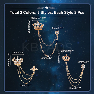6Pcs 6 Style Long Chain Tassel Dangle Alloy Rhinestone Brooches JEWB-CA0001-12-1