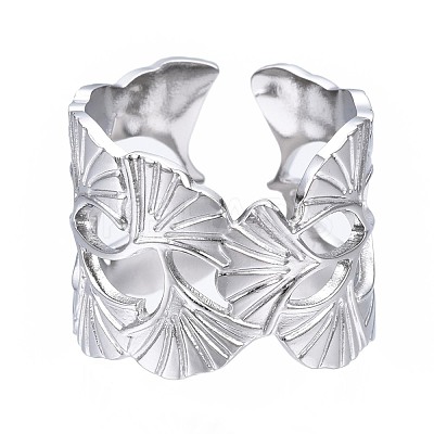 Non-Tarnish 304 Stainless Steel Ginkgo Leaf Wrap Open Cuff Ring RJEW-T023-28P-1
