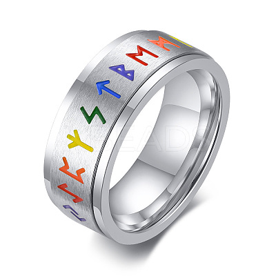 Rainbow Color Pride Flag Rune Words Odin Norse Viking Amulet Enamel Rotating Ring RABO-PW0001-037A-1