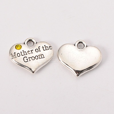 Wedding Theme Antique Silver Tone Tibetan Style Alloy Heart with Mother of the Groom Rhinestone Charms LS-TIBEP-N005-17D-1