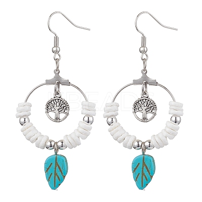 Natural Sea Shell Beads and Synthetical Dyed Turquoise Leaf Pendants Earrings EJEW-JE05921-1