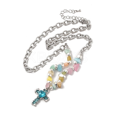 Alloy Glass Cross Pendant Necklace with Cat Eye Chips Beaded Chains LS-NJEW-Q001-02P-1