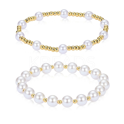 2Pcs 2 Styles ABS Plastic Imitation Pearl & Shell Pearl & Brass Beads Bracelets BJEW-SW01606-1