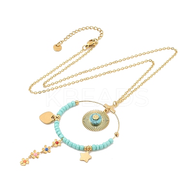 Boho Plasic Bead & 304 Stainless Steel Flower & leaf Pendant Cable Chain Necklaces for Women NJEW-A032-07G-02-1