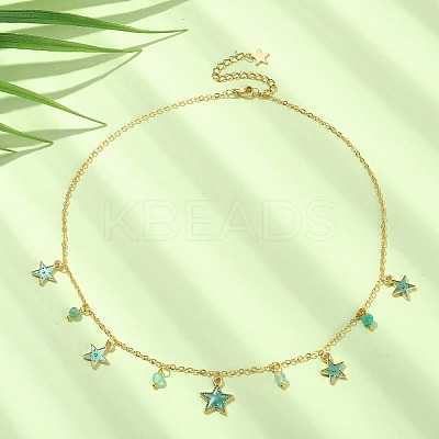 Natural Agate Round & Alloy Enamel Star Charms Bib Necklace with 304 Stainless Steel Chains NJEW-JN04404-02-1