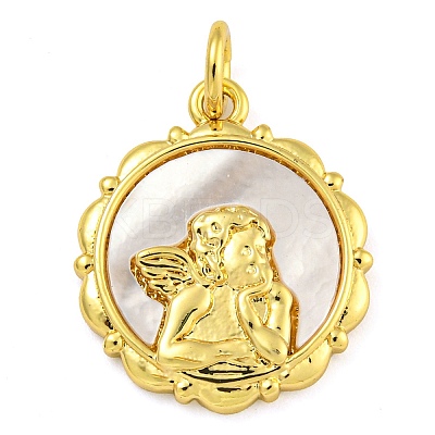 Real 18K Gold Plated Brass Pendants with Shell and Jump Rings KK-D534-04G-01-1