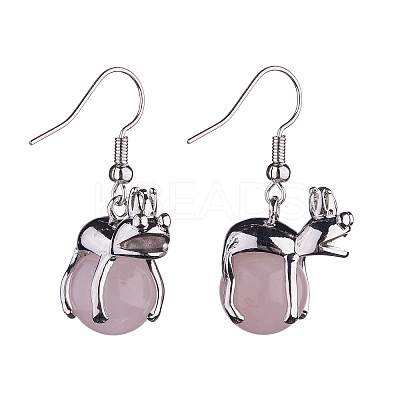 Natural Rose Quartz Frog Dangle Earrings EJEW-A092-13P-06-1