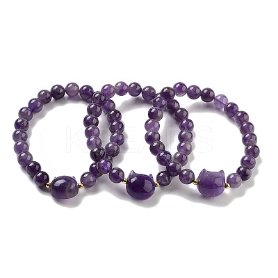 Round & Cat Head Natural Amethyst Beaded Stretch Bracelets for Women BJEW-K251-03A-1