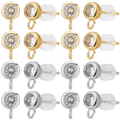 8 Pairs 2 Colors Brass Micro Pave Clear Cubic Zirconia Stud Earring Findings ZIRC-BBC0003-17-1
