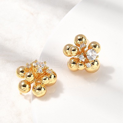 Flower Brass Micro Pave Clear Cubic Zirconia Stud Earrings EJEW-B148-01G-1