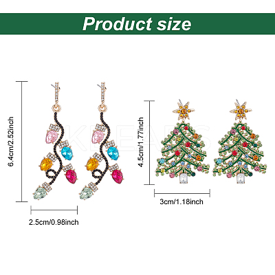 2 Pairs 2 Style Rhinestone Christmas Tree & Leaf Dangle Stud Earrings EJEW-AN0001-99-1