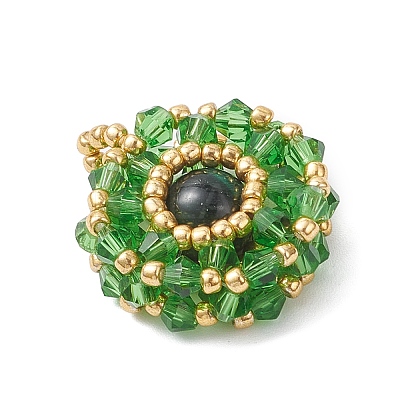 Dyed Natural Green Tiger Eye & Glass Seed Beaded Flat Round Pendants PALLOY-MZ00950-05-1