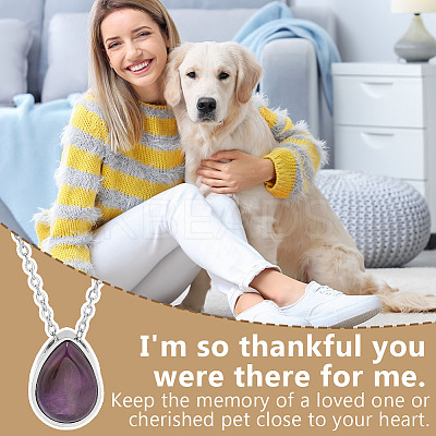 Natural Amethyst Teardrop Urn Ashes Pendant 304 Stainless Steel Cable Chain Necklaces NJEW-OC0001-09C-1