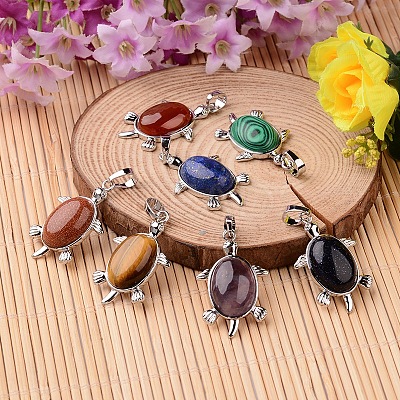 Tortoise Platinum Tone Brass Natural & Synthetic Mixed Stone Pendants G-F265-01-1