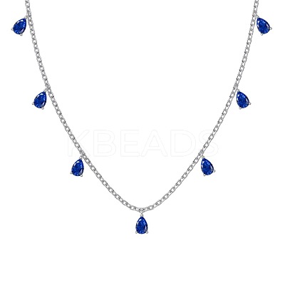 Rhodium Plated 925 Sterling Silver Pave Blue Cubic Zirconia Cable Chain Teardrop Tassel Necklaces for Women NJEW-Q342-14P-1