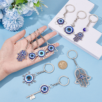 10Pcs 10 Styles Turkish Blue Evil Eye Resin Pendant Keychain KEYC-NB0001-66-1